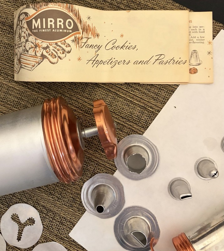Vintage MIRRO Aluminum Cookie Press (12 dies & 3 tips) & Cake Decorator (6 tips) gallery