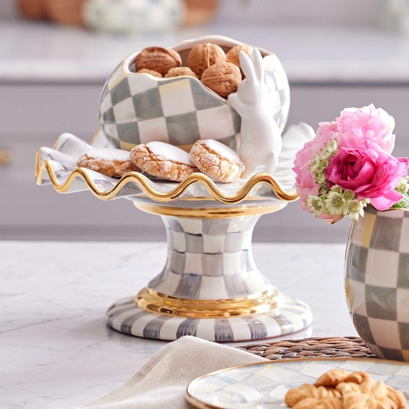 Brand New Mackenzie-Childs Sterling Check Ceramic Fluted Cake Stand gallery