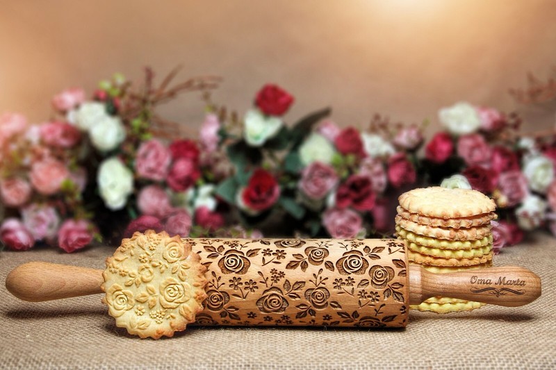 Rose Clay Textured Embossed Rolling pin Springerle cookie mold Dough roller gallery