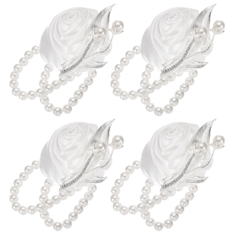 4Pcs Wrist Corsage Artificial Flower Bracelets, 2.4 x 2.8 Inch White