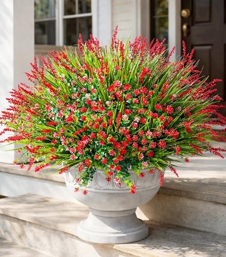 20 Bundles Artificial Fake Outdoor 12pcs Red Monkey Grass+8pcs Red Flowers