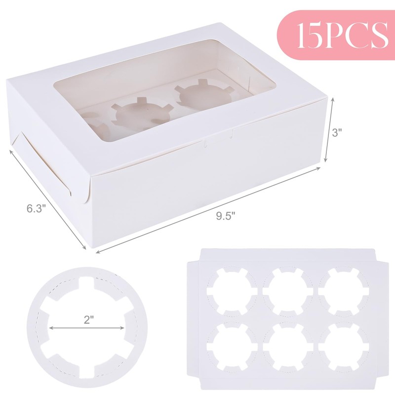 6 Count White Cupcake Boxes 15 Pack Containers 9.5x6.3x3 Inch Holding 90 gallery