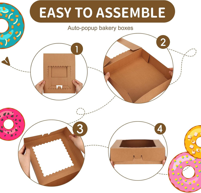Moretoes 5pcs Pie Boxes, 10x10x2.5 Bakery Boxes with Window, Auto-Popup Brown Ba gallery