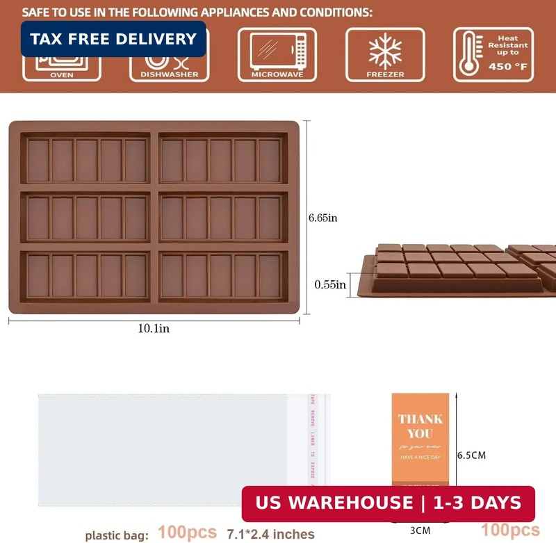 6 Cavities Chocolate Bar Mold Deep with 100pcs Storage Bags and 100pcs Stickers, gallery