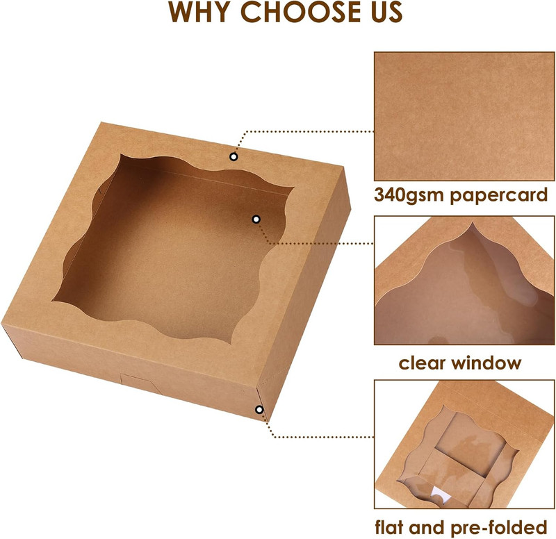 Moretoes 25Pcs Pie Boxes, 12X12X3 Inch Auto-Popup Brown Bakery Boxes with Window gallery