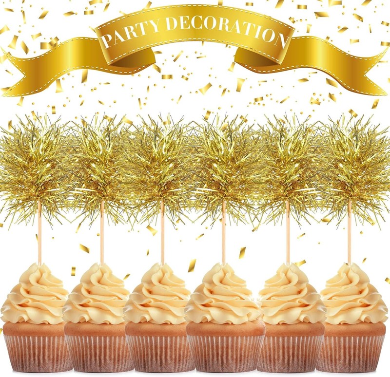 100 Pcs Foil Firework Cupcake Toppers Gold Sparkle Tinsel Cake Toppers New Years gallery