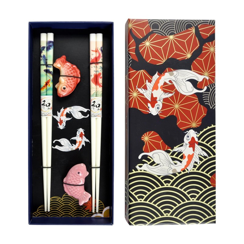 2 Pair Japanese Asian Bamboo Chopsticks Set Rest Double Pairs Gift Box Koi