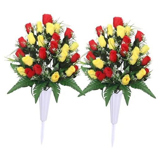 Artificial Cemetery Flowers,Outdoor Grave Decorations Red Yellow