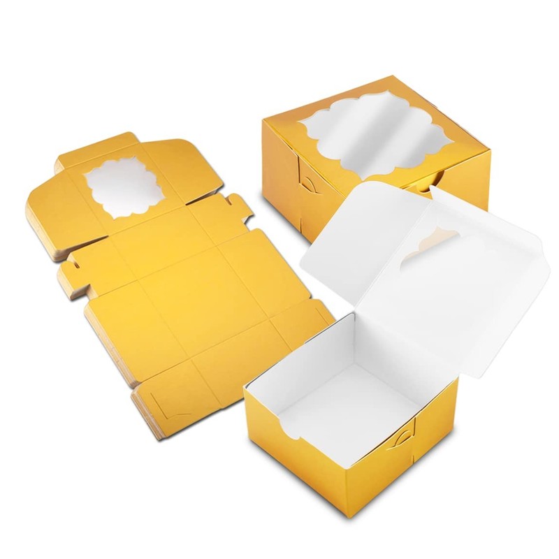 50 PCS Gold Bakery Boxes With Window 4x4x2.5 Inches Pastry Party Birthday