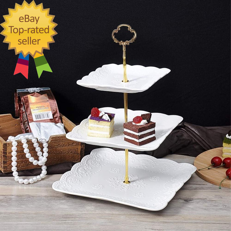 3 Tier Porcelain Cupcake Stand Tiered Serving Cake Stand Square White Embossed gallery