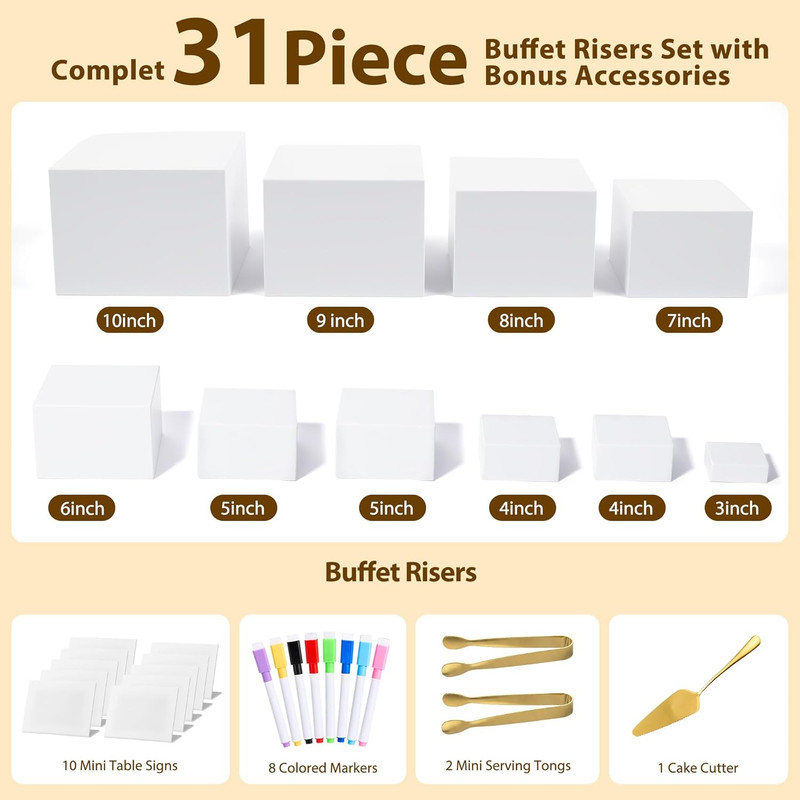 10 Pcs Buffet Risers with Mini Sign and Maker Serving Tongs Cake Cutter, White A gallery