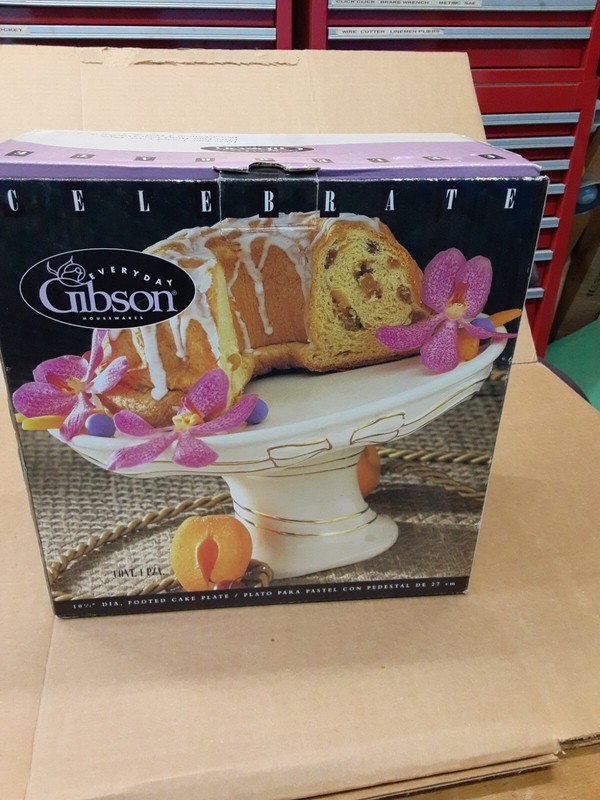 Vtg Footed White Cake Stand Plate Gold Swirl Bows Everyday Gibson China 10.25″ D