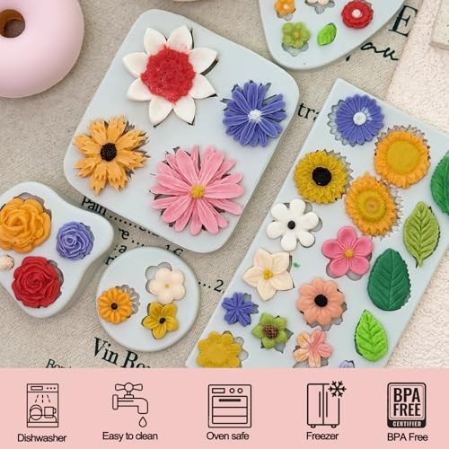 5Pcs Flower Silicone Molds Small Flower Chocolate Mold Daisy Rose Flowers Gray gallery