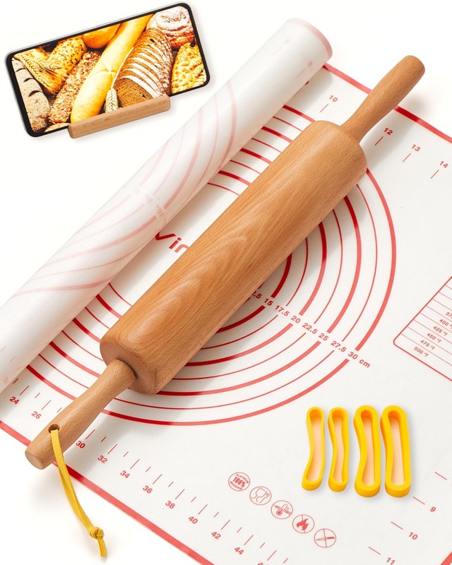 Classic Wood Rolling Pin 17″ Rolling Pins for Baking with Silicone Mat and Ad…