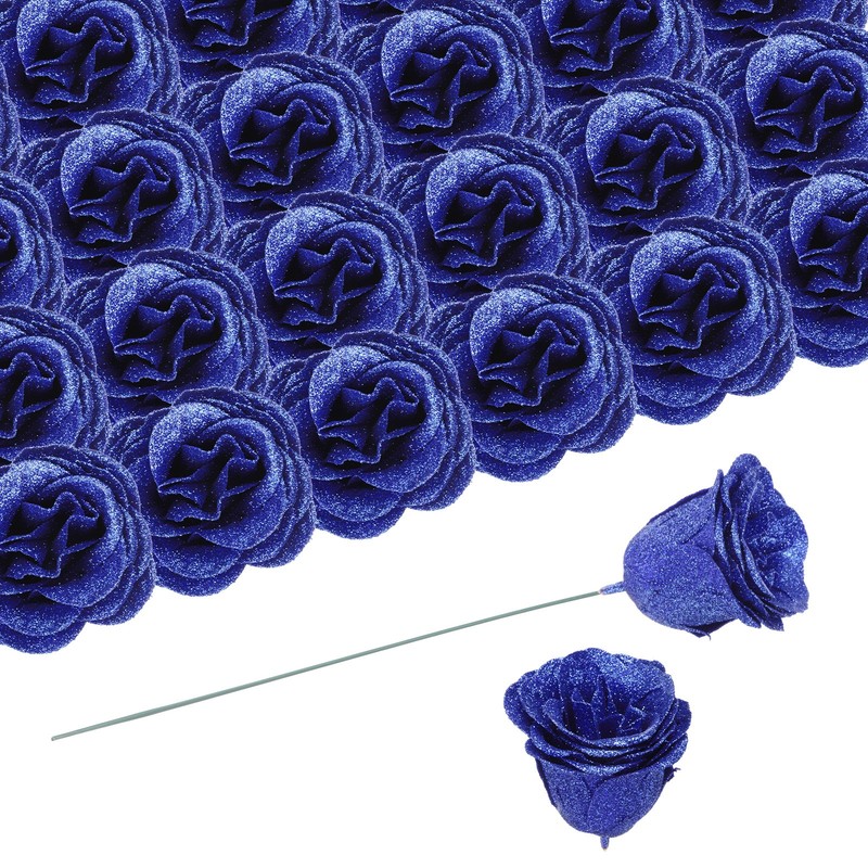 50pcs Ate Roses Fake Flowers Artificial Flowers with Deep Blue Stems