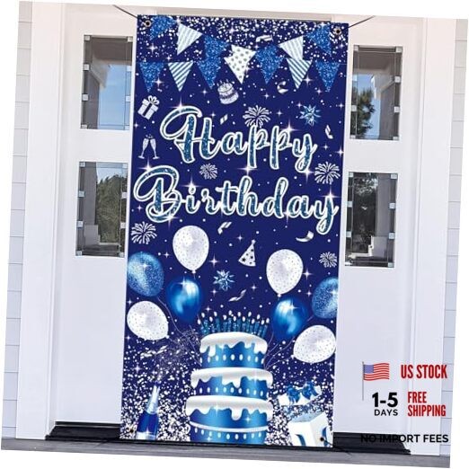 3x6ft Blue Silver Birthday Door Banner Navy Blue Glitter Sequin Happy