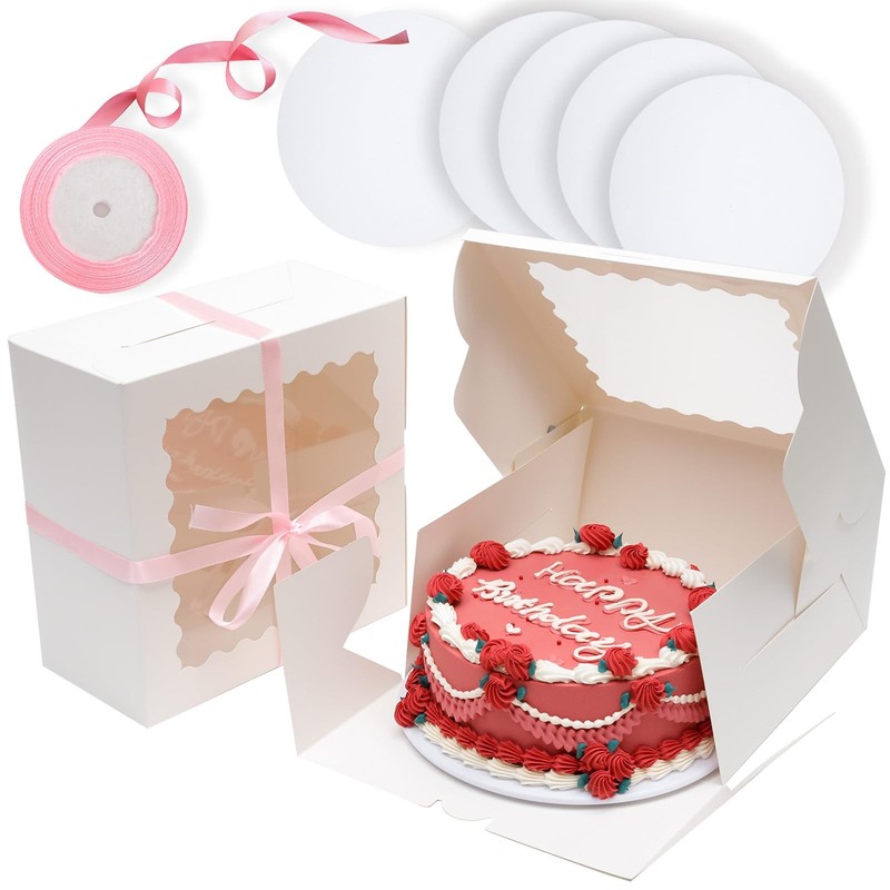 18 Pack 10x10x5 Inches Cake Boxes With Window White Bakery Boards Ribbon