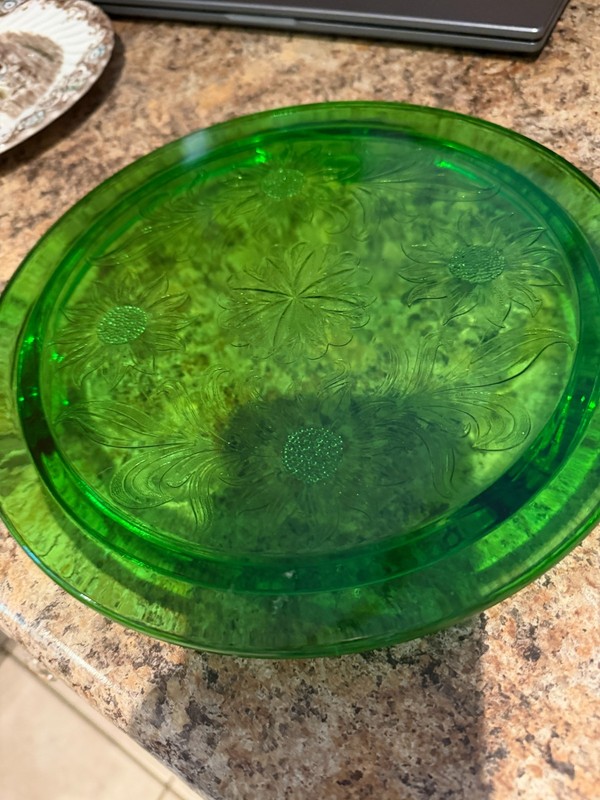 Uranium Green Glass Cake Stand, Sunflower Pattern, 1940's Depression Glass gallery