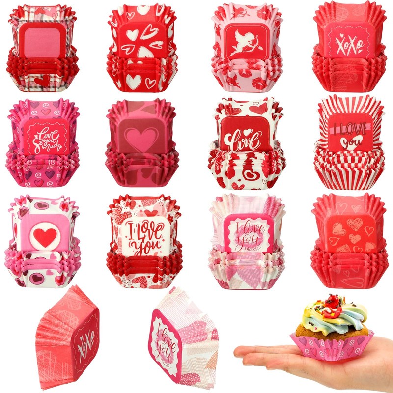 1200 PCS Valentines Day Square Cupcake Liners Pink Heart 1.7×1.7×0.8 Inch