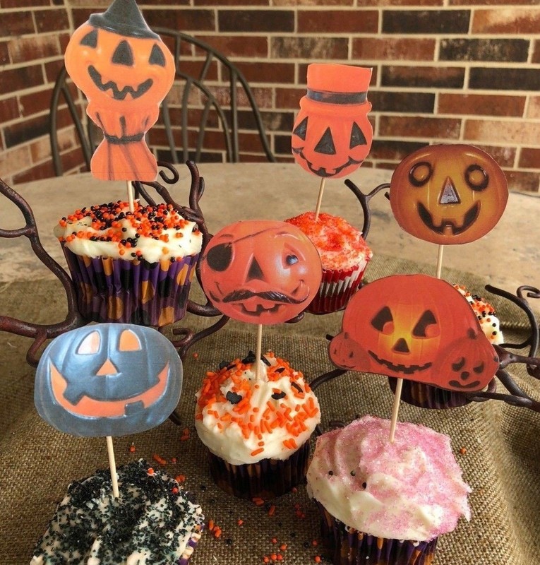 12 Handmade Halloween Cupcake Toppers,Appetizer Picks JOL Pumpkins Assortment #1