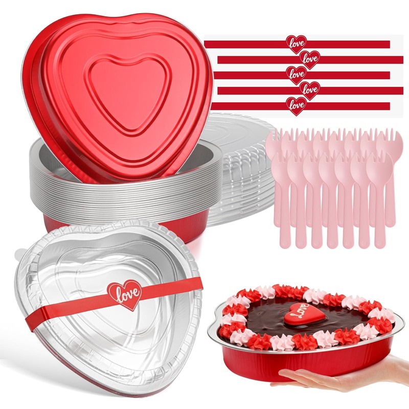 HEYYUMI 33oz Heart Shaped Cake Pans with Lids and Spoons,15pcs Aluminum Foil …