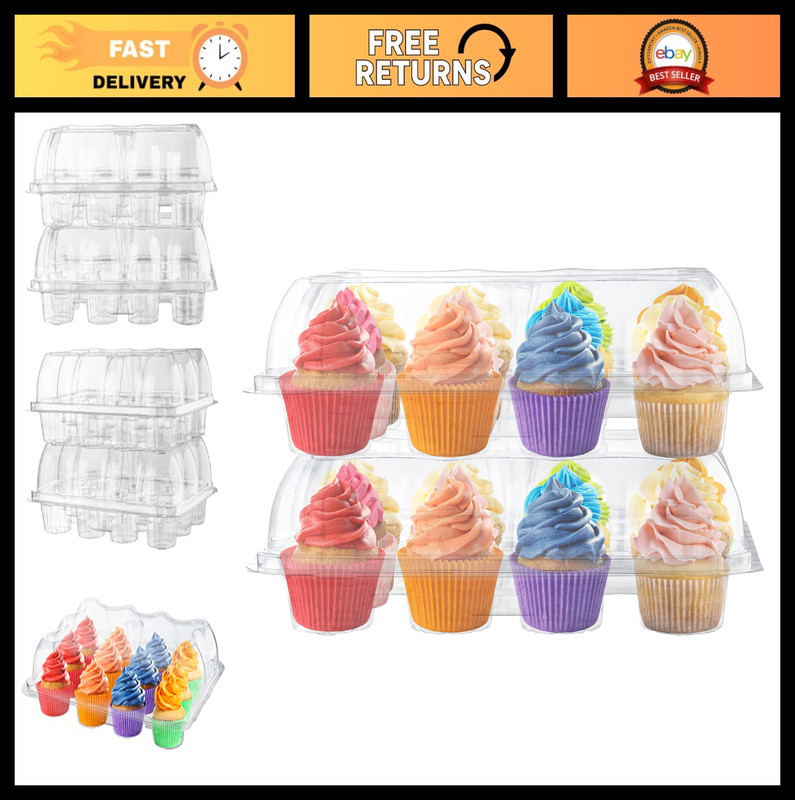 12 Compartment Cupcake Containers | 8 Pack Disposable High Dome Boxes | Sturdy S