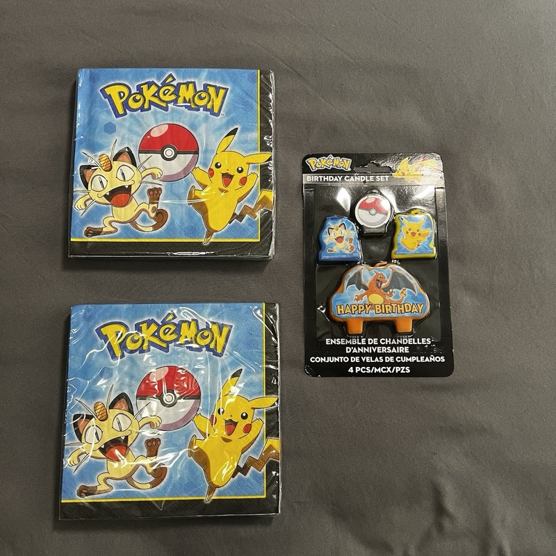 Pokémon Birthday Candles and 2 packs of Napkins with Pikachu, Charizard, Meowth