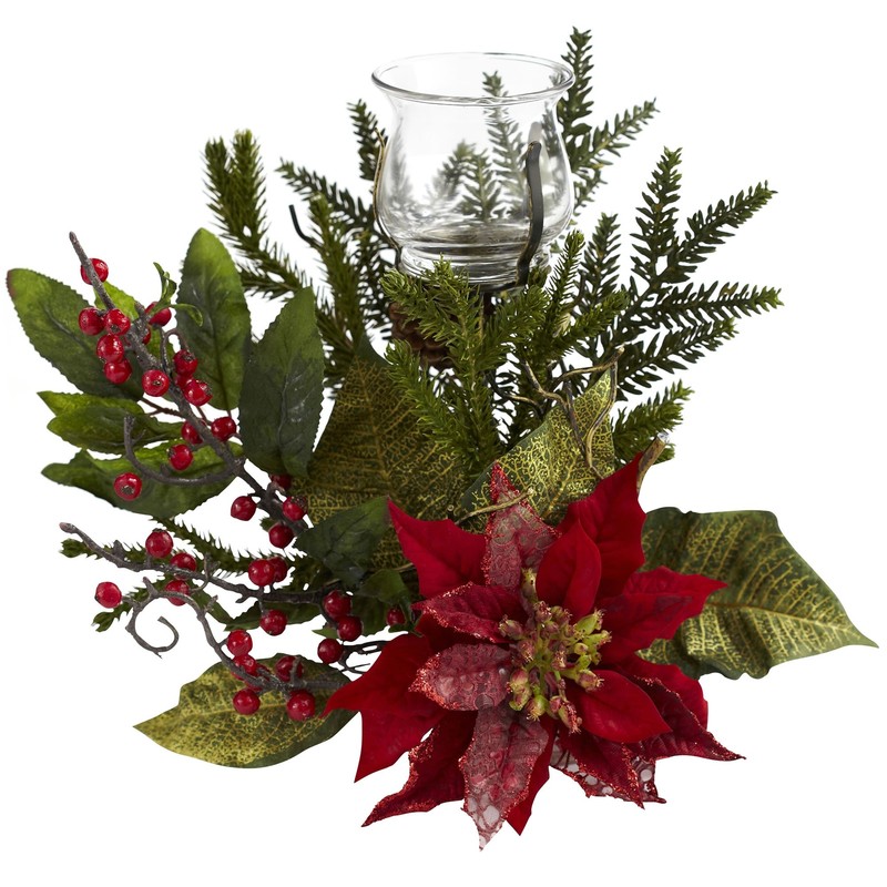 Nearly Natural 4951 Poinsettia Candelabrum, Green/Red, 11" H
