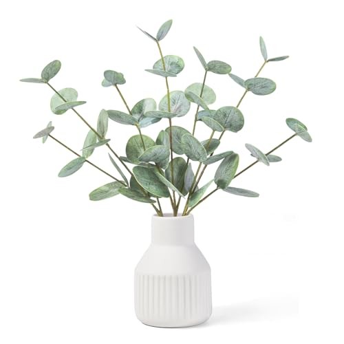Artificial Eucalyptus Stems in Green Eucalyptus – White Striped Ceramic Vase