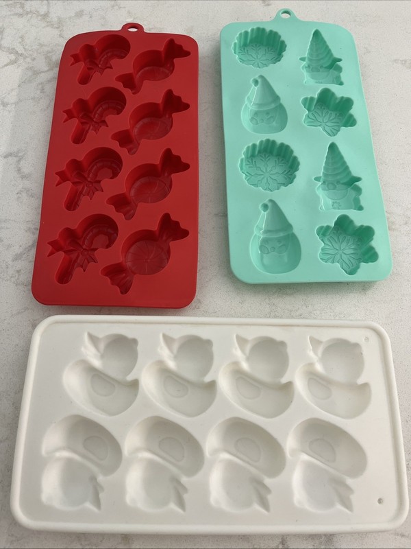 3 Piece Silicone Chocolate Candy Molds Ducks, Gnomes, Candy Canes 8 Cavities Ea.