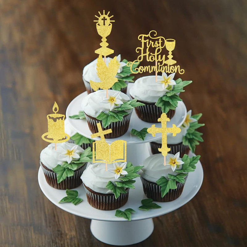 36 PCS First Holy Communion Cupcake Toppers Glitter Dove Cross God Bless Cupcake gallery