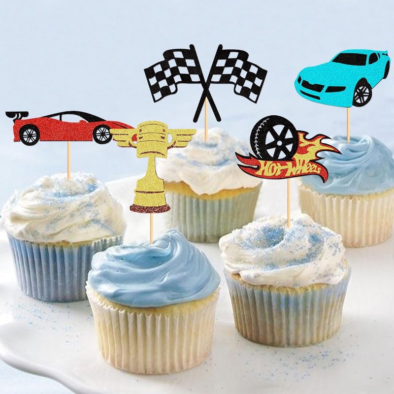 24Pcs Glitter Race Car Cupcake Toppers Sparkling Trophy Checkered Flag Cupcake gallery