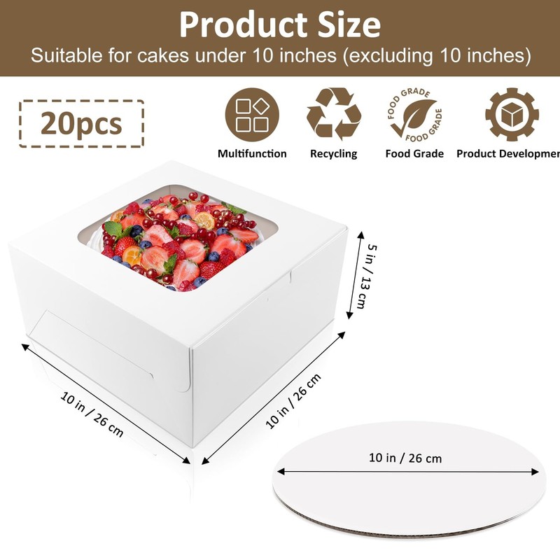 Moretoes 20 Set Cake Boxes, 10x10x5 Inches Tall White Square Bakery Boxes wit... gallery