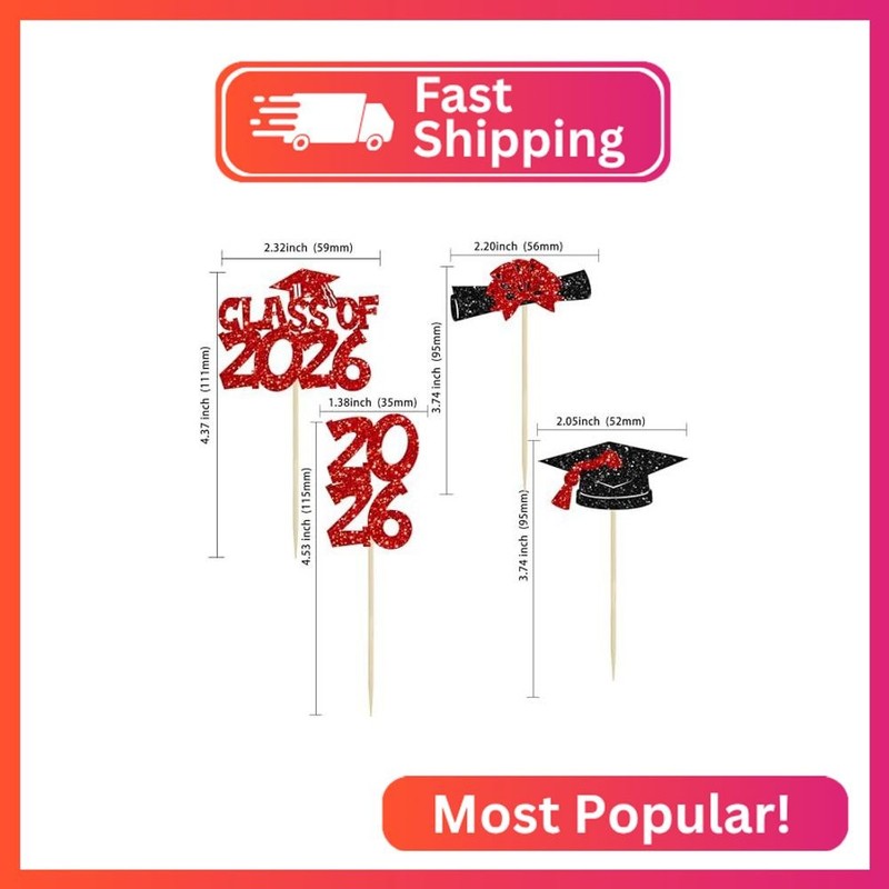 Ephlyn 36Pcs 2026 Graduation Theme Cupcake Toppers Glitter Class of 2026 Congrat gallery