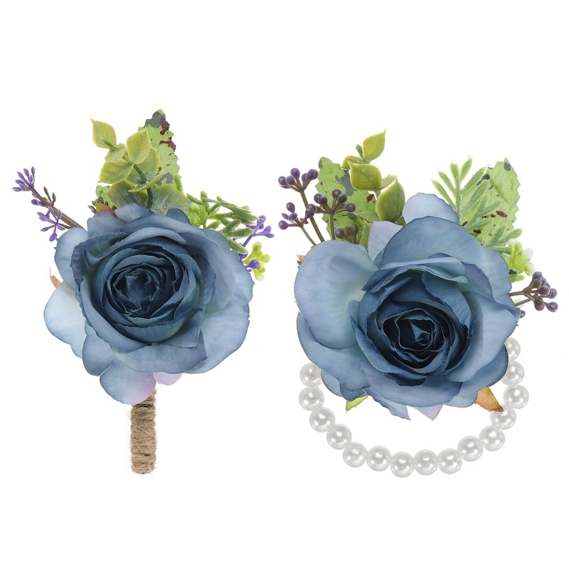 2 Pcs Rose Wrist Corsage and Boutonnieres Set, Wedding Flower Wristlet Blue