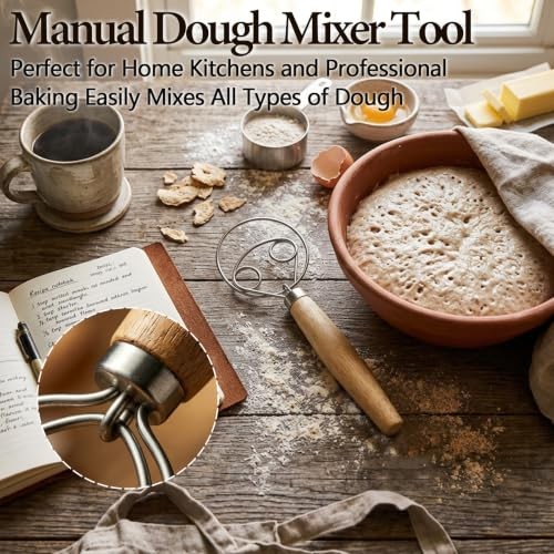 Danish Dough Whisk for Sourdough Bread, Stainless Steel with Wooden Handle, gallery