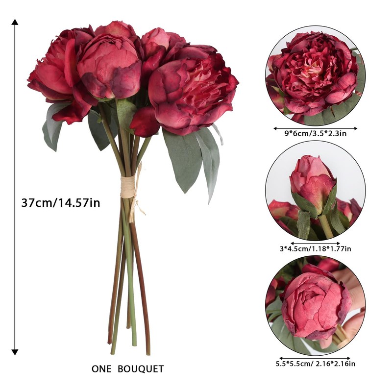 ICBOX 2 Bouquets Red Peonies Silk Flowers 14 Heads Faux Peony Flowers Home Decor gallery