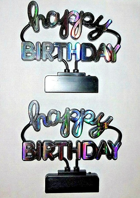 Two (2) Cake Toppers Happy Birthday “Neon” Sign Prismatic Toppers Free Ship