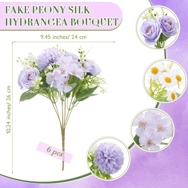 Tigeen 6 Bundles Artificial Bouquet Flowers Artificial Peonies Faux Roses Silk gallery