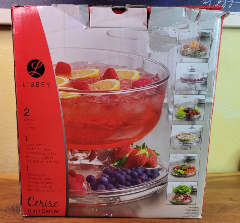 Libbey Cerise 6-in-1 Glass Server, Punch Bowl, Chip Dip Bowl Covered Cake Plate