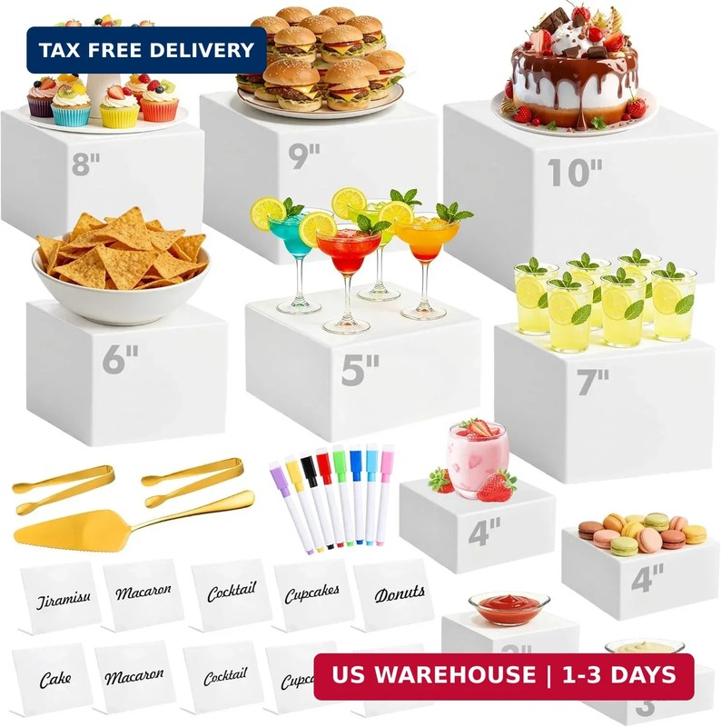 10 Pcs Buffet Risers with Mini Sign and Maker Serving Tongs Cake Cutter, White A
