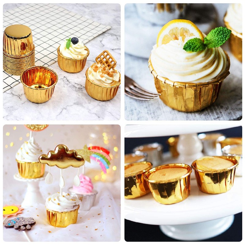 Cupcake Ramekins And Liners, 50 Gold Foil Baking Cups, Disposable Muffin Pans gallery