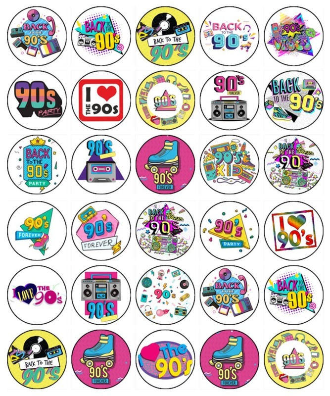 90's Theme Edible Wafer Cupcake Toppers | Retro birthday Party Cake Decorations gallery