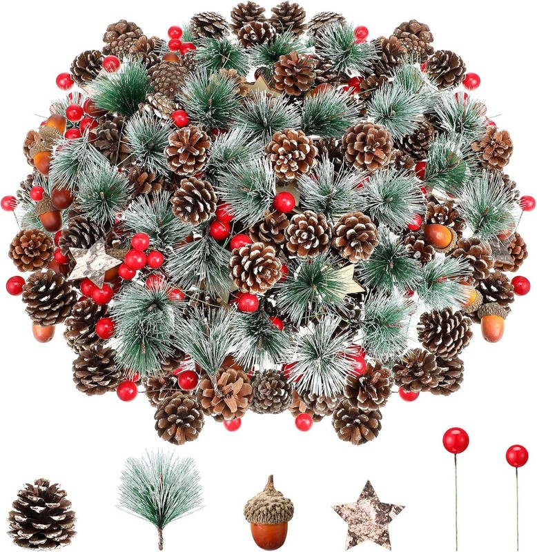 432 Pcs Christmas Pis and Sprays Pine Cone Red Berries Set