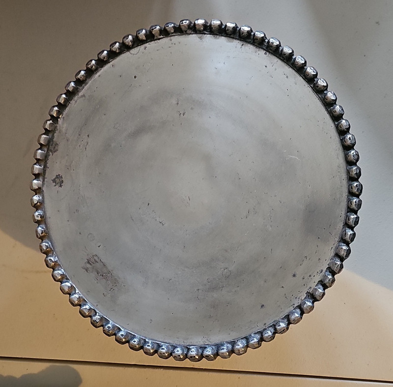 Round Silver Metal Beaded Rim Pedestal Cake Stand, Matte Finish, 1 Tier