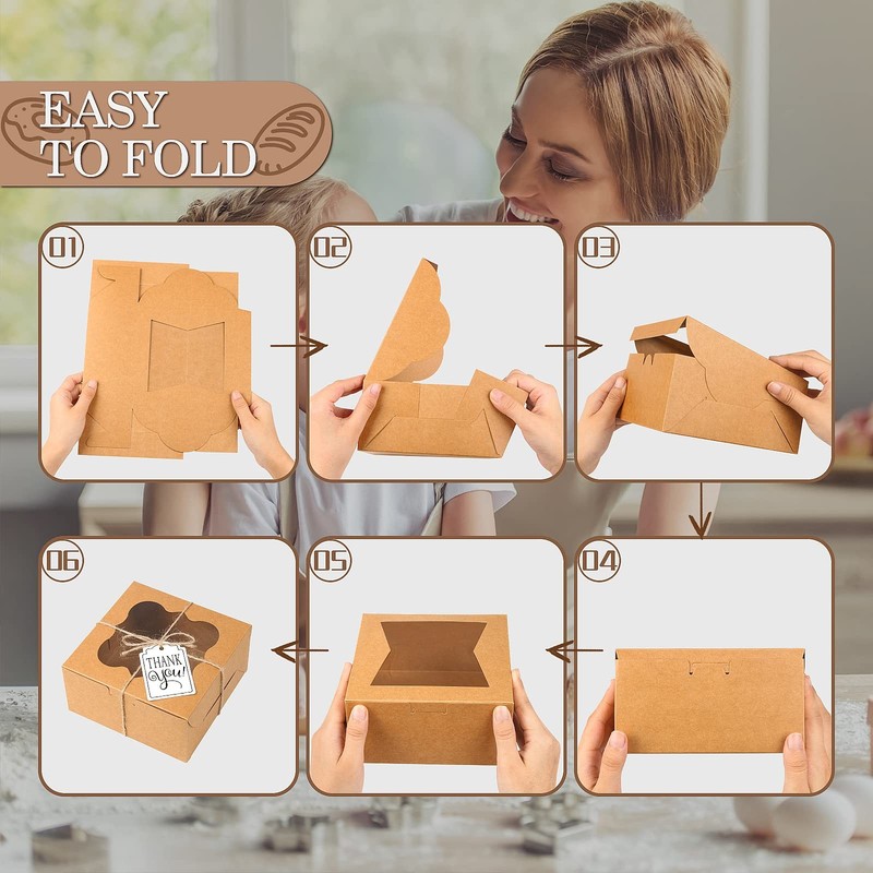 65 PCS Bakery Boxes With Window 6x6x3 Inches 5 Style Cookie Pastry Donut Brown gallery
