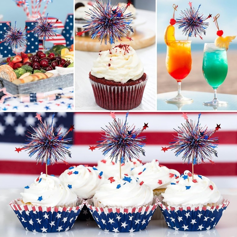 24Pcs American Patriotic Cupcake Toppers, 4th of July Foil Firework Cupcake gallery