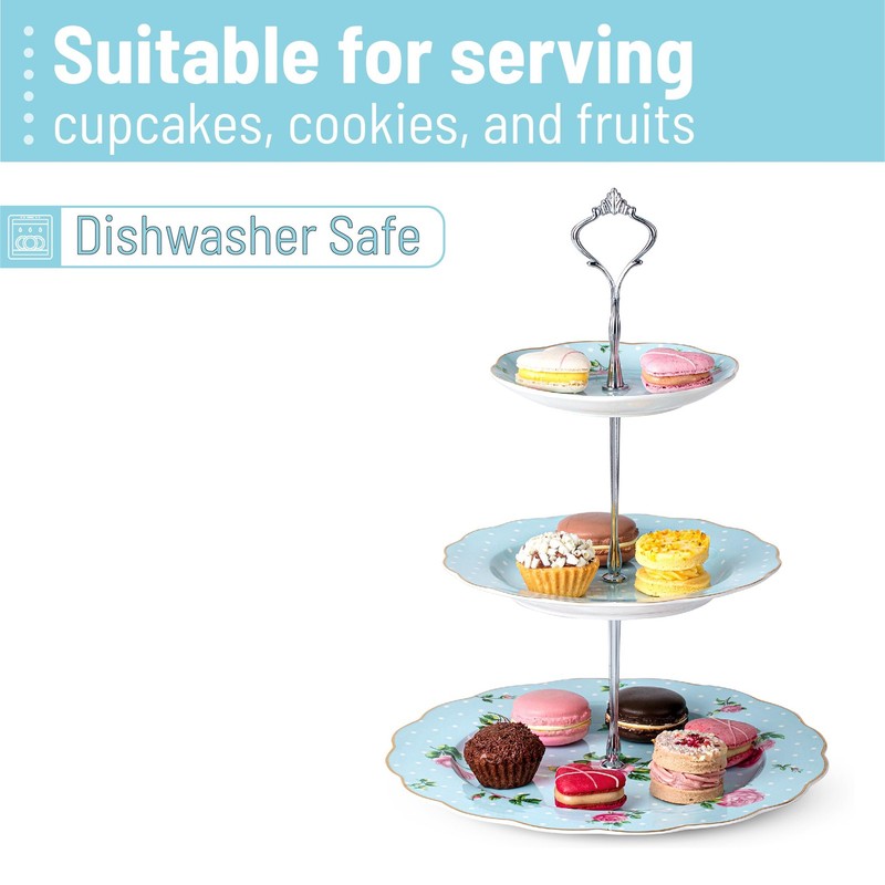 BTaT- Floral 3 Tier Cake Stand, Porcelain, Pastel Blue with Pink Roses & Gold... gallery