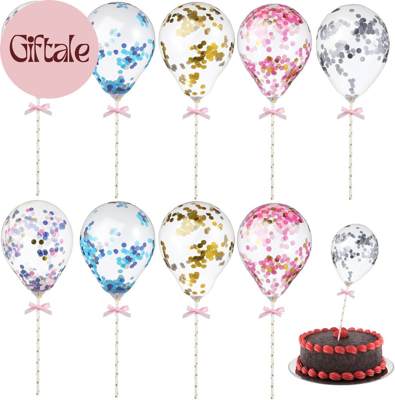 10Pcs Balloon Cake Toppers, Confetti Mini Balloons on a Stick for Birthday Party