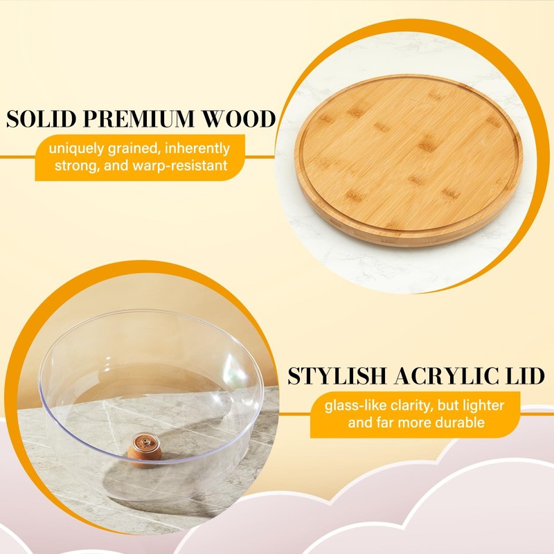 Rotating Cake Stand with Lid, 12'' Wood Food Plate with Cover, Serving Tray, ... gallery
